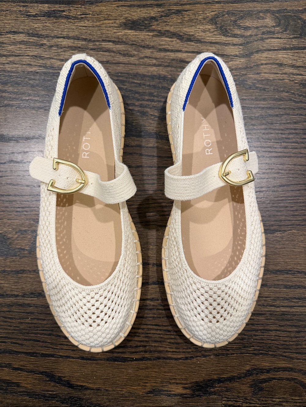 Rothy's The Espadrille Cream Knit Mary Jane Flats with Gold Buckle. NEW!